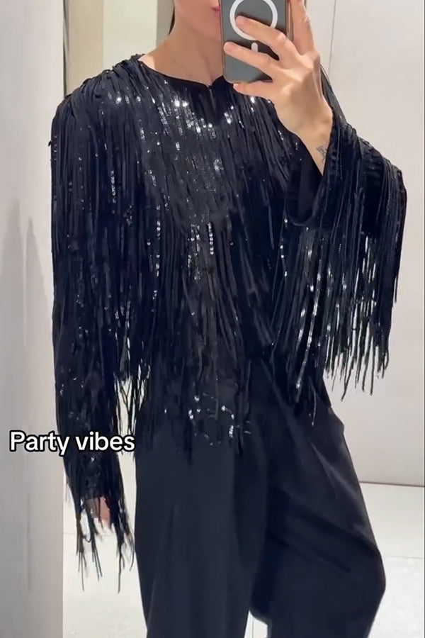 Party Crasher Layered Sequined Tassels Long Sleeve Loose Jacket