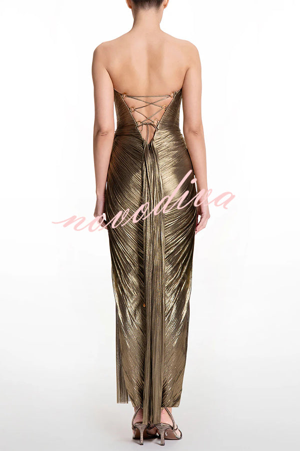 Amisha Metallic Pleated Shell Cups Hollow Gold Pendant Strapless Drape Slit Maxi Dress