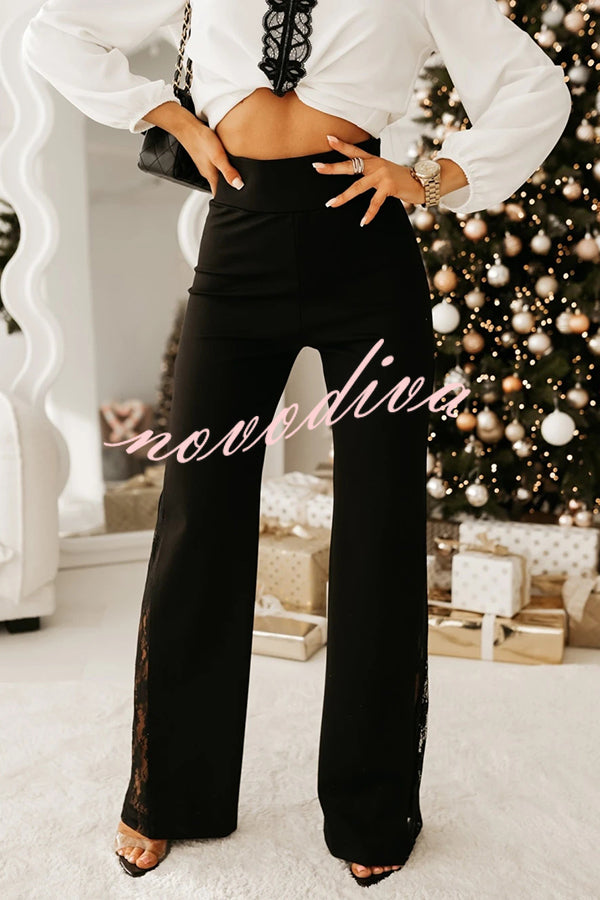 Joelie High Rise Elastic Waistband Side Lace Patchwork Flare Pants