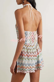Juney Knit Colorful Zigzag Pattern Halter Neck Slit Wide Leg Loose Romper