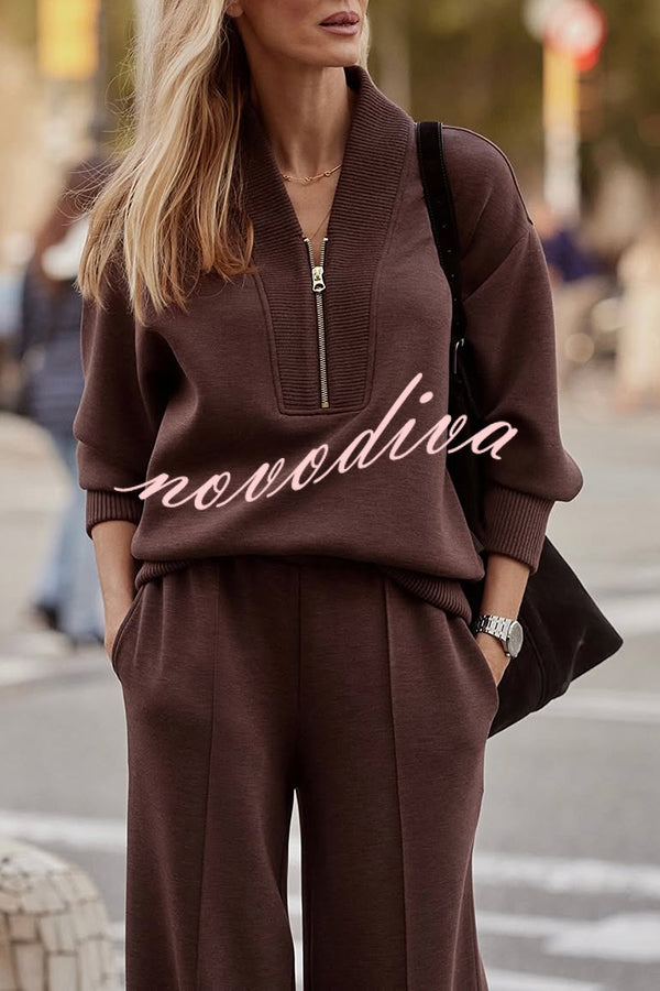 Meet The Autumn Ribbed Zipper Neck Sweatshirt and Elastic Waist Pocketed Loose Pants Set