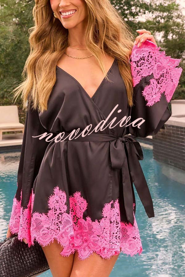 Joyful Bond Satin Lace Trim Contrast Color Bell Sleeve Tie-up Kimono Mini Dress