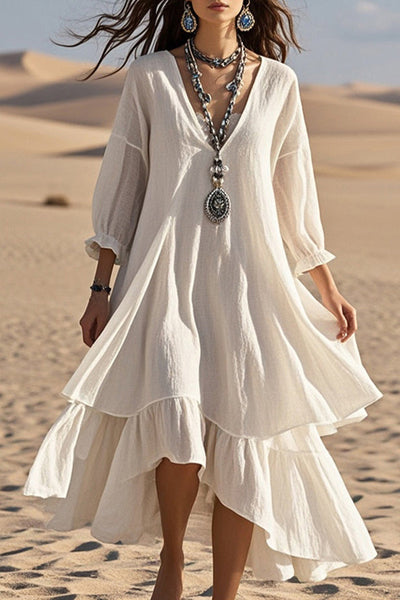 Linen Blend V-neck Long-sleeved Loose Midi Dress