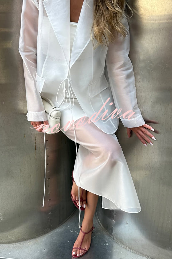 Simple and Light See-through Fabric Tie-up Long Sleeve Pocket Lapel Blazer