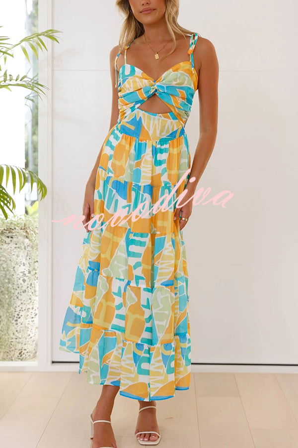 Unique Printed Suspender Tie Back Pleated Midi Dress