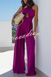 Easy Mode Cross-neck Halter Strap Backless Wide Leg Jumpsuit