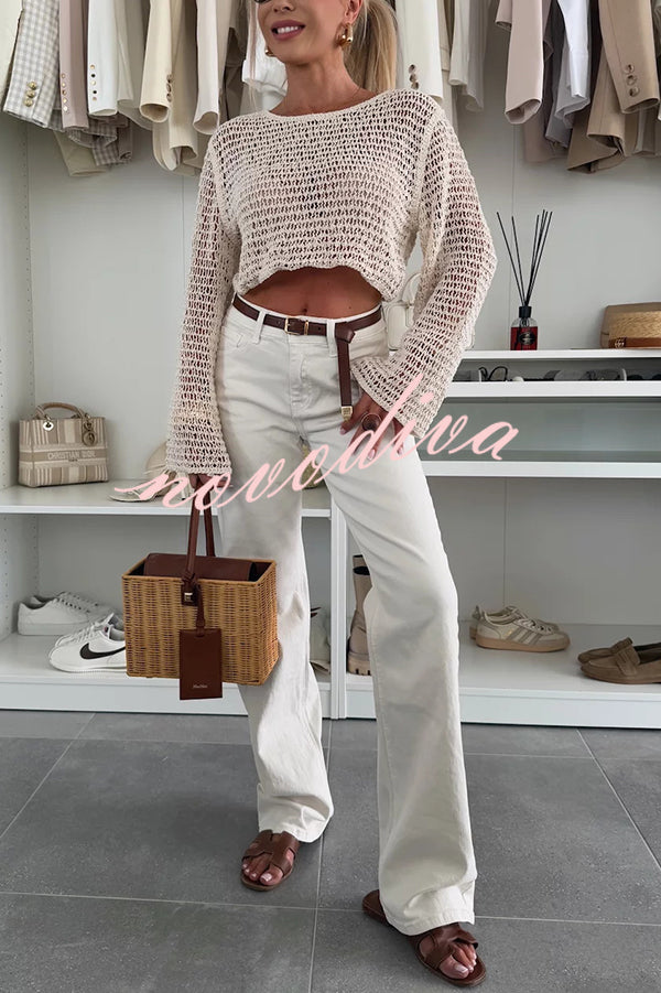 Fashion Knitted Hollow Long Sleeve Round Neck Holiday Cover Up