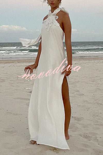 Floral Embellished Satin Halterneck Backless Resort Maxi Dress