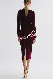 Perfect Party Velvet Cut Out Detail Long Sleeve Ruched Stretch Midi Dress