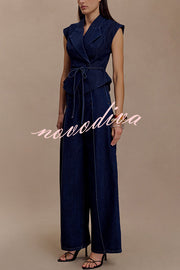 Charley Denim Button Up Cap Short Sleeve Structured Tie-up Lapel Top