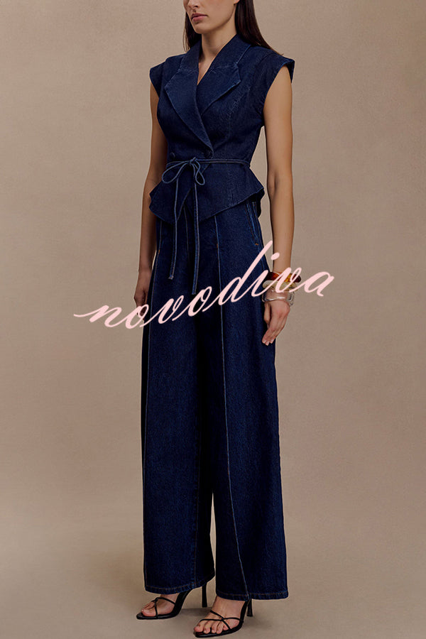 Charley Denim Button Up Cap Short Sleeve Structured Tie-up Lapel Top