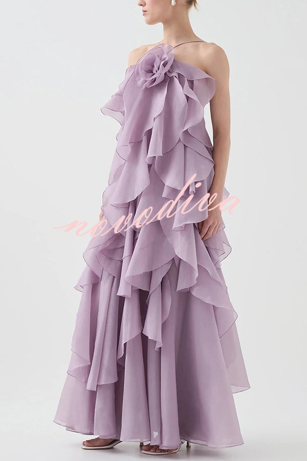 Free - Flowing Rose Detail Tiered Ruffles Halter A-line Maxi Dress