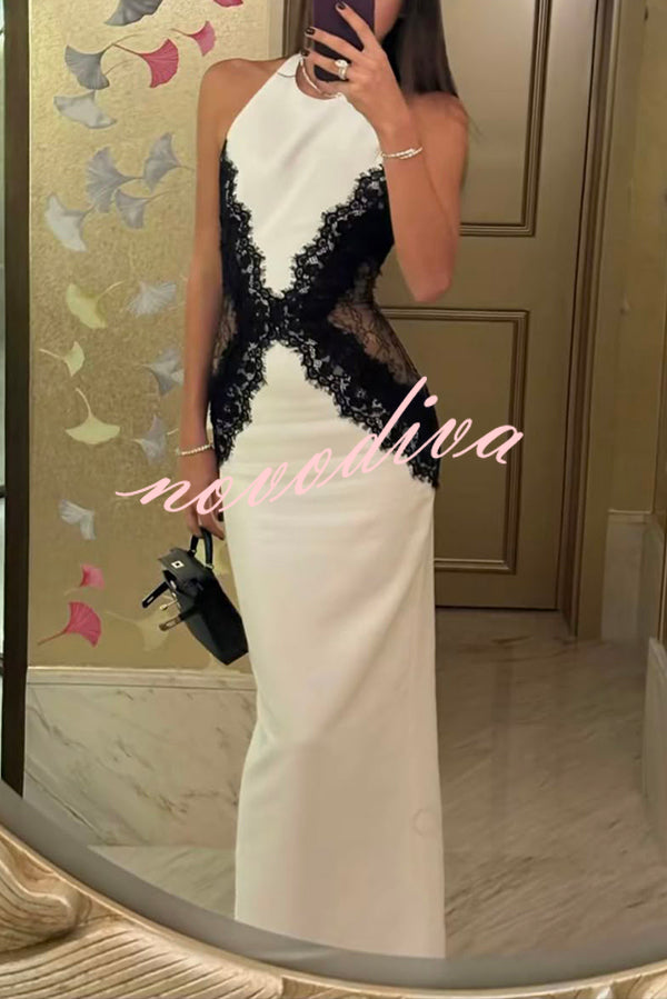 Sexy Halterneck Lace Paneled Backless Slim Maxi Dress