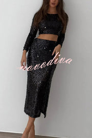 Solid Sequined Long-sleeved Crop Top and Sexy Slit Midi Skirt Set