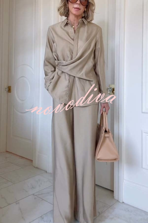 Juliette Cross-front Button Up Long Sleeve Shirt and Elastic Waist Pocket Loose Pants Set