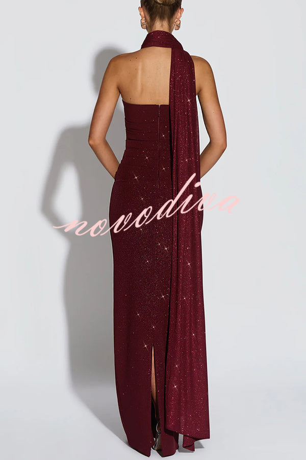 Pandra Glittery Crepe Fabric Off Shoulder Ruched Slit Cape Maxi Dress