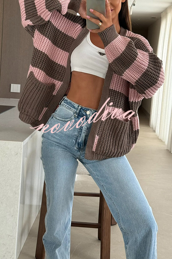 Fashionable Patchwork Striped Casual Pocket Knitted Sweater