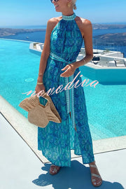 Unique Print Sexy Off-the-shoulder Waist Tie Slit Holiday Midi Dresses