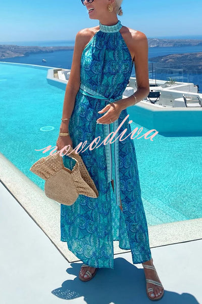 Unique Print Sexy Off-the-shoulder Waist Tie Slit Holiday Midi Dresses