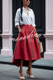 Effortless Charm Front Zipper Detail Pocketed High Low Pleated Midi Skirt