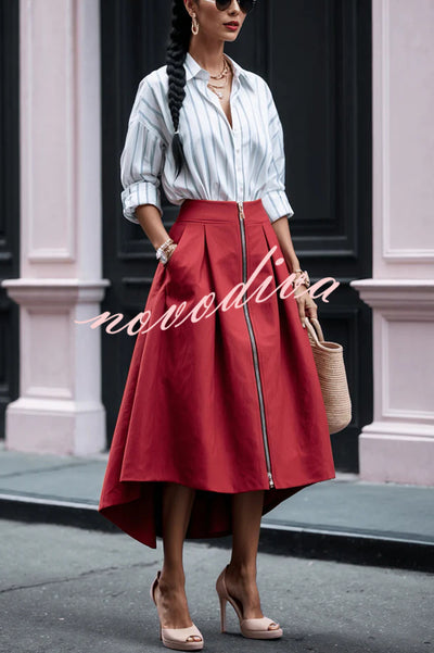 Effortless Charm Front Zipper Detail Pocketed High Low Pleated Midi Skirt