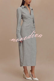 Elegant Energy Button Up Long Flare Sleeve Fitted Shirt Midi Dress