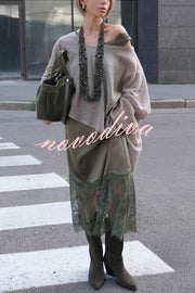 Luxury Winter Satin Lace Trim V-neck Sleeveless H-line Maxi Dress