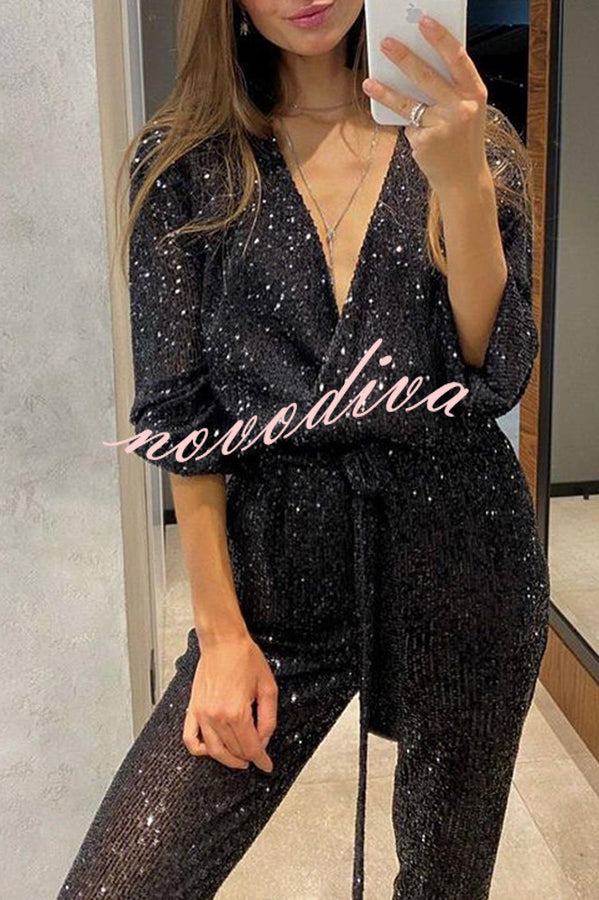 Cheers To You Sequin Long Sleeve Belted Wrap Loose Jumpsuit