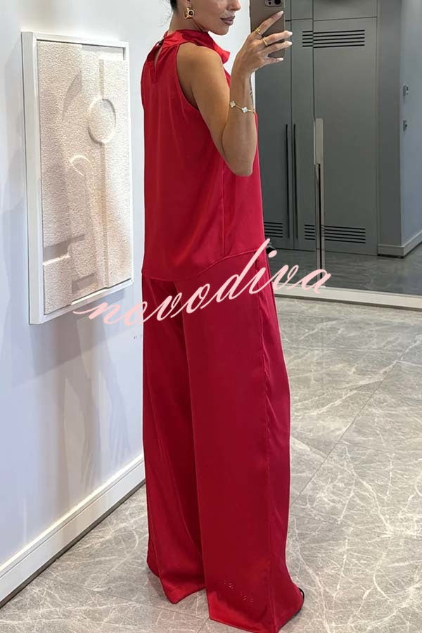 Classic on You Satin High Cowl Neck Top and Elastic Waist Pocket Loose Pants Set