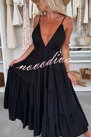 Bohemian Style V-neck Backless Slip Layered Vacation Maxi Dress