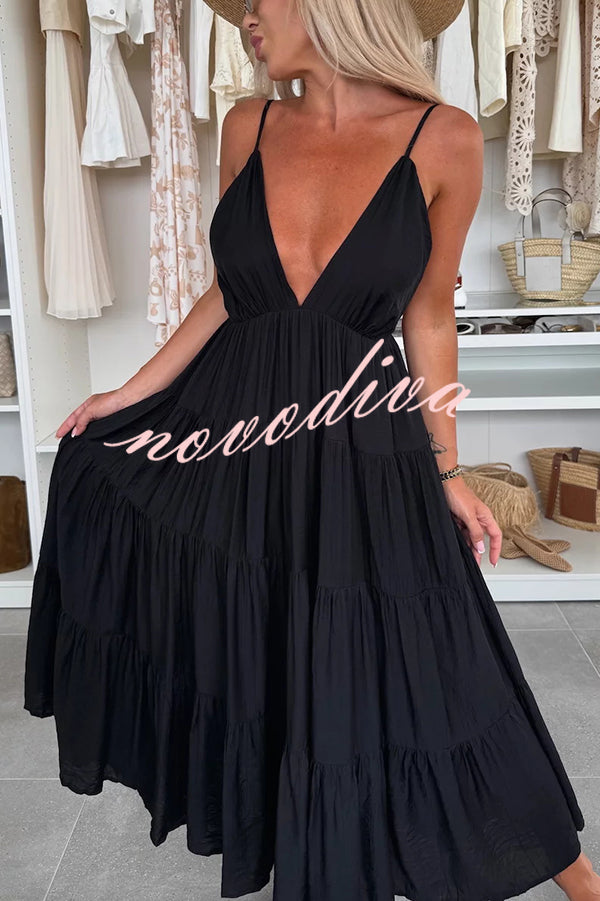 Bohemian Style V-neck Backless Slip Layered Vacation Maxi Dress