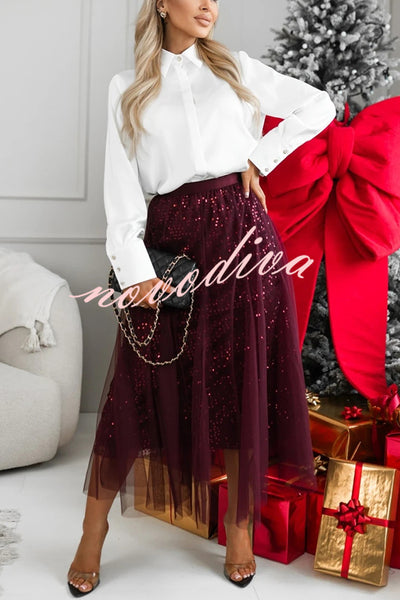 Party Daydream Sequin Tulle High Rise Elastic Waist Maxi Skirt