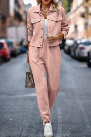 Solid Color Lapel Long Sleeve Jacket and Elastic Waist Casual Pocket Pants Set