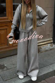 Effortlessly Stylish Ribbed Zipper High Neck Sweatshirt and Elastic Waist Pocketed Loose Pants Set