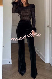 Monique Fish Scale Lace Sequin Velvet Patchwork Feather Trim Belted Stretch Flare Jumpsuit