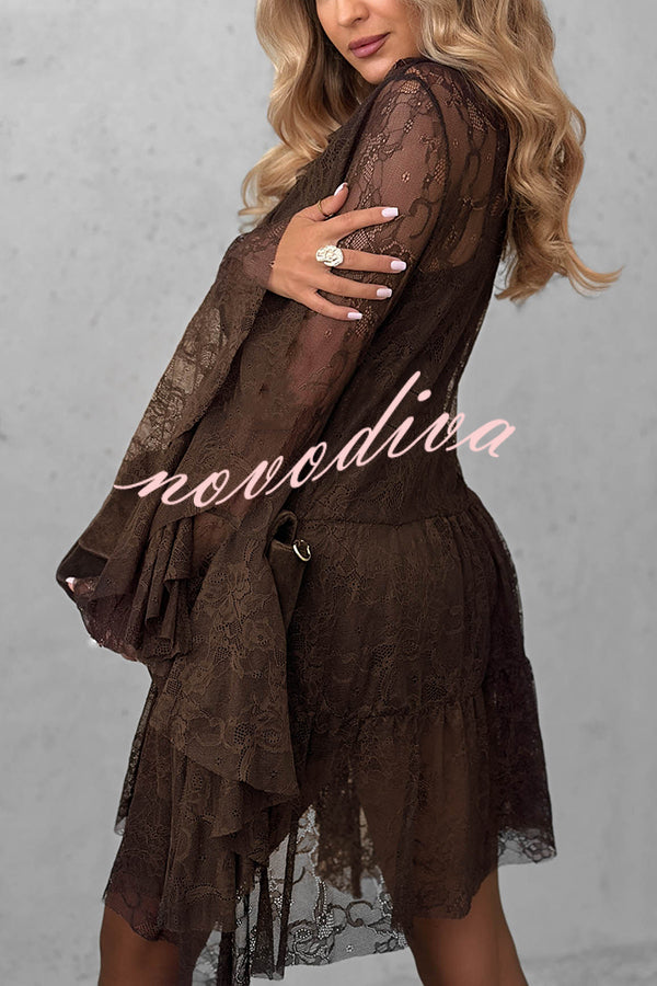 Feeling Lighthearted Lace Ruffle Neck Bell Sleeve Layered Hem A-line Mini Dress