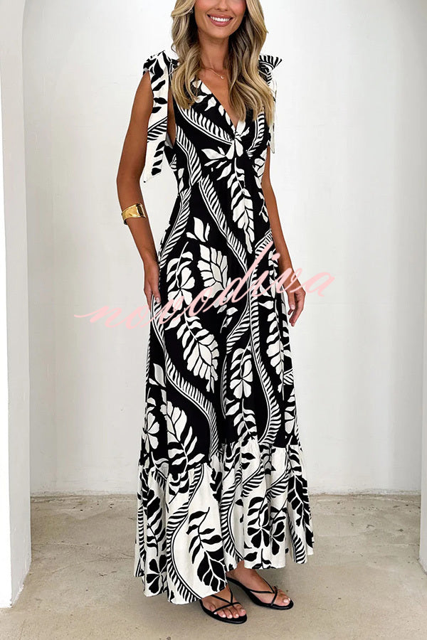 Unique Printed V-neck Sleeveless Lace-up Waist Maxi Dress