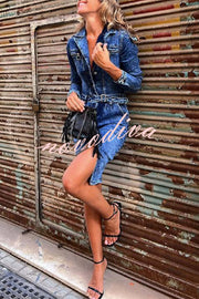 Autumn Treasure Washed Denim Button Up Pocketed Shirt Mini Dress