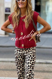 Solid Color Sleeveless Pocket Knitted Vest