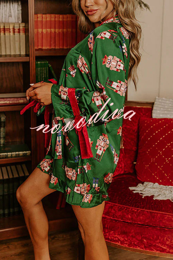 Christmas Dreaming Satin Nutcrackers Print Velvet Trim Elastic Waist Pocketed Pajama Shorts Set