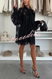 Night Rose Lace Bow Neck Long Balloon Sleeve A-line Mini Dress