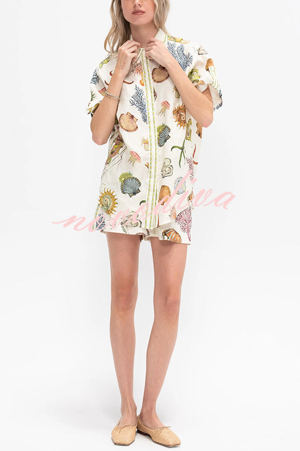 Beach Shell Print Short Sleeve Loose Shirt and Elastic Waist Tie Casual Pocket Shorts Set