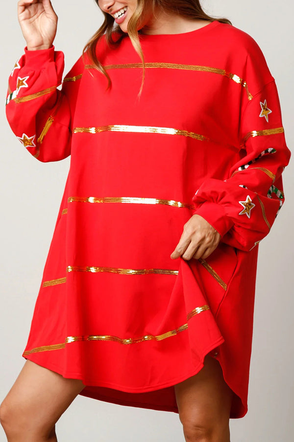 Christmas Candy Sequin Loose Long Sleeve Casual Mini Dress