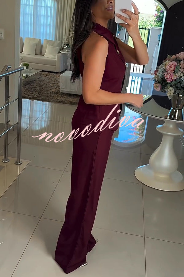 Fashion Lapel Sleeveless Button Vest and Casual Straight-leg Suit Pants Set
