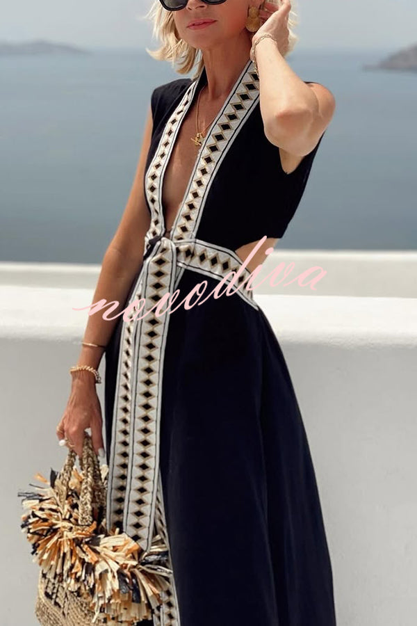 Fashionable Lock-edge Printed V-neck Lace-up Holiday Cover-up Robe