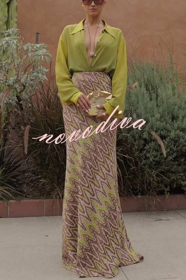 Moonlit Waltz Knit Jacquard Zigzag Print High Rise Stretch Flare Maxi Skirt