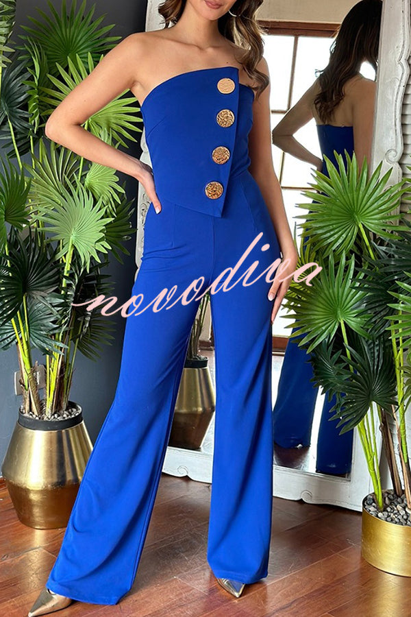 Solid Color Sexy Tube Top Gold Button Embellished Bootcut Jumpsuit