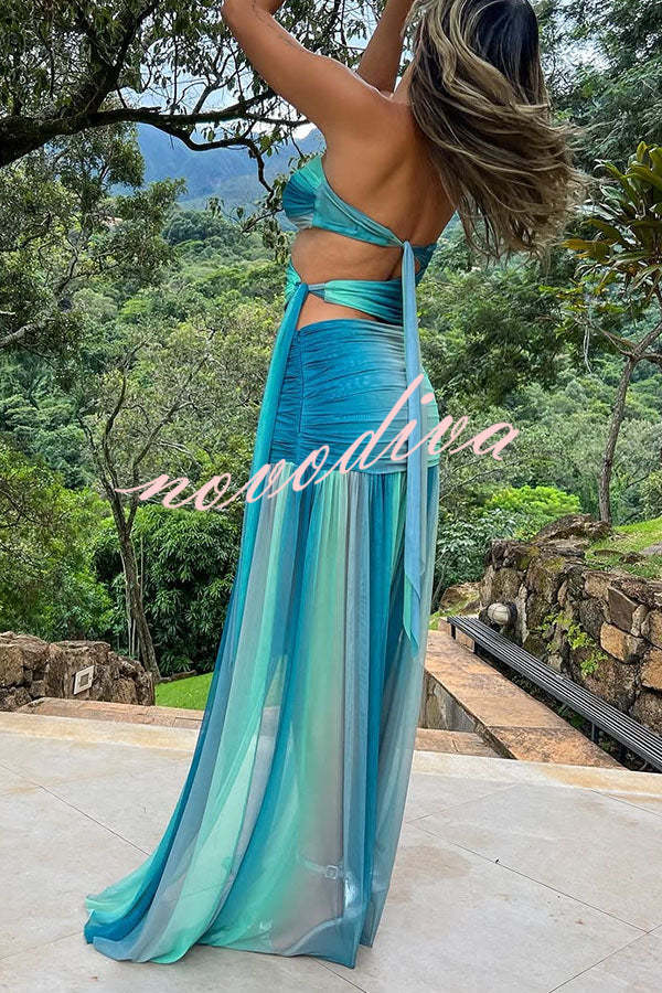 Soleil Mesh Printed Starfish Pendant Ruched Cutout Off Shoulder Maxi Dress
