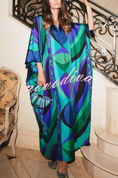 Holiday Choice Satin Unique Print Drape Wide Sleeve Loose Kaftan Maxi Dress