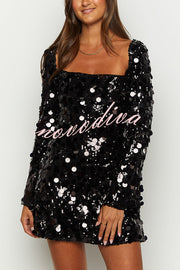 Bring The Disco Large Sequins Square Neck Long Bell Sleeve Backless Slit Mini Dress